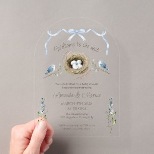 Welkom op de Nest Blue Ribbon Baby Shower Acryl Uitnodigingen
