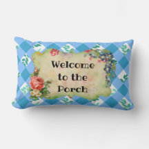 Welkom op de veranda blauwe country gingham kussen