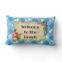 Welkom op de veranda blauwe country gingham kussen