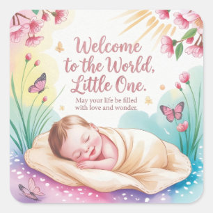 "Welkom op de Wereld" Nieuwgeboren Baby Groet Vierkante Sticker