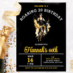 Welkom op een 20 60e verjaardagsfeestje kaart<br><div class="desc">Chic Roaring 20 Birthday Party uitnodiging beschikt over een flapper meisje dansen in het centrum. Het opvallende opvallende kleurenschema in zwart,  goud en wit zal zeker opwinding opwekken wanneer uw gasten hun uitnodiging ontvangen.</div>