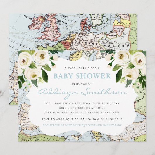 Welkom op het Baby shower van de Floral Map Blue Kaart (Voorkant / Achterkant)