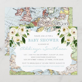 Welkom op het Baby shower van de Floral Map Blue Kaart