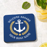 Welkom op het bord Naam Anchor Gold Laurel Navy Bier Onderzetter<br><div class="desc">Een set nautische kurk ruggengraat met welkome badkuipen aan boord en uw persoonlijke bootnaam, familienaam of andere gewenste tekst. Biedt een speciaal ontworpen bootanker met gouden laurelbladeren en een ster op klassiek blauw voor de marine of pas de basiskleur eenvoudig aan om aan te passen aan uw huidige decor of...</div>