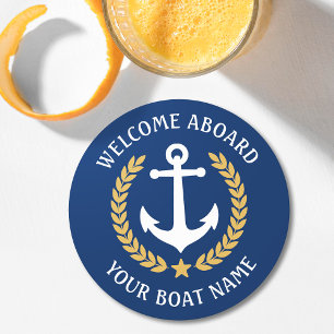Welkom op het bord Naam Anchor Gold Laurel Navy Ronde Kartonnen Onderzetter
