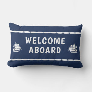 Welkom op het bord witte boats Blue Lumbar Pillow Buitenkussen