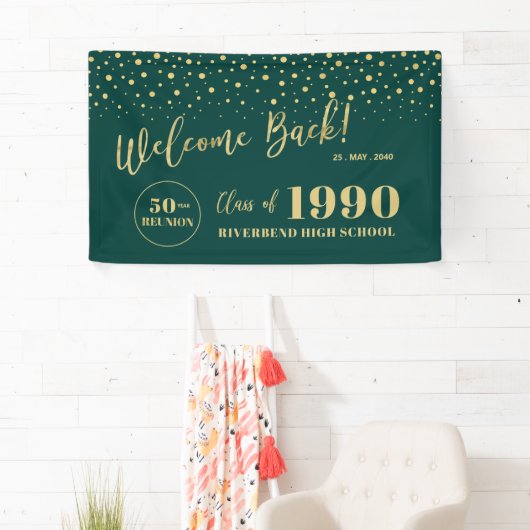 Welkom op het klasfeest met gouden en groene confe spandoek (Insitu)