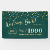 Welkom op het klasfeest met gouden en groene confe spandoek (Horizontaal)