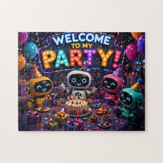 Welkom op mijn feest, leuk robot legpuzzel (Horizontaal)