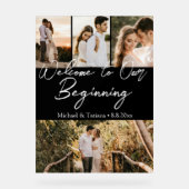 Welkom op onze beginbruiloft 4 foto's zwart acryl bord (Voorkant)