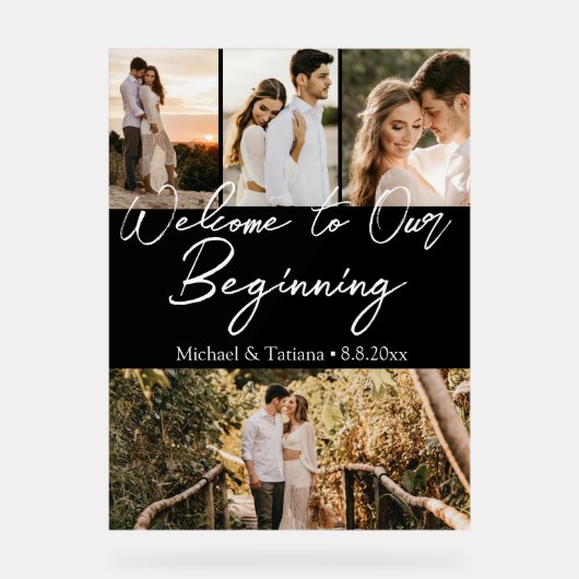 Welkom op onze beginbruiloft 4 foto's zwart acryl bord (Voorkant)