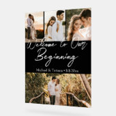 Welkom op onze beginbruiloft 4 foto's zwart acryl bord (Hoek)