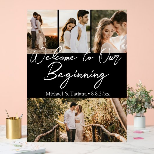 Welkom op onze beginbruiloft 4 foto's zwart acryl bord (Huwelijk)