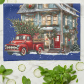 Welkom op onze boerderij Kerst Rode Truck Theedoek (Gevouwen)