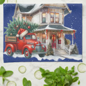 Welkom op onze boerderij Kerst Rode Truck Theedoek (Gevouwen)