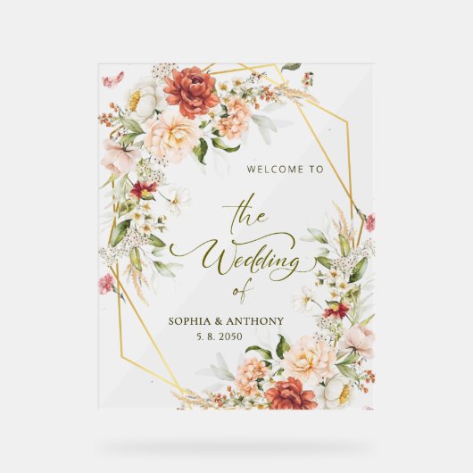 Welkom op onze bruiloft Bladerdak Goud Geometrisch Acryl Bord (Voorkant)