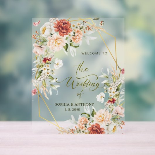 Welkom op onze bruiloft Bladerdak Goud Geometrisch Acryl Bord (Neutraal)