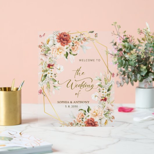 Welkom op onze bruiloft Bladerdak Goud Geometrisch Acryl Bord (Huwelijk)