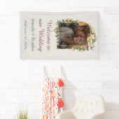 Welkom op onze bruiloft Boho Bloemenboog Foto Spandoek (Insitu)