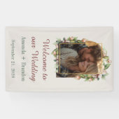 Welkom op onze bruiloft Boho Bloemenboog Foto Spandoek (Horizontaal)