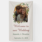 Welkom op onze bruiloft Boho Bloemenboog Foto Spandoek (Verticaal)