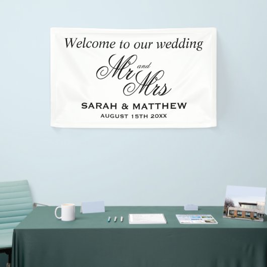 Welkom op onze bruiloft elegante Mr en Mrs script Spandoek (Beurs)