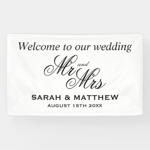 Welkom op onze bruiloft elegante Mr en Mrs script Spandoek