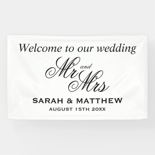 Welkom op onze bruiloft elegante Mr en Mrs script Spandoek (Horizontaal)