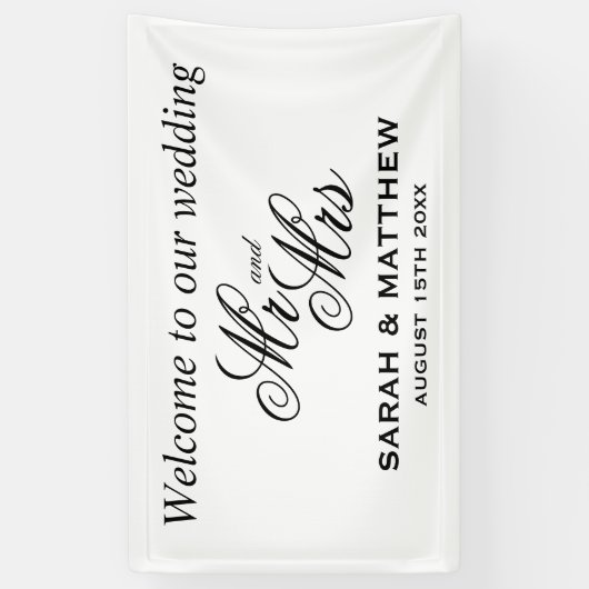 Welkom op onze bruiloft elegante Mr en Mrs script Spandoek (Verticaal)