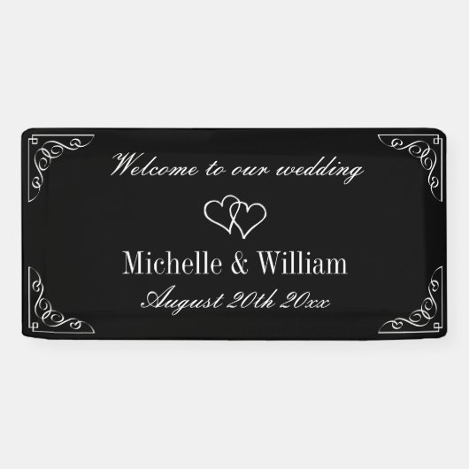 Welkom op onze bruiloft elegante zwart-wit spandoek (Horizontaal)