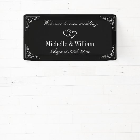 Welkom op onze bruiloft elegante zwart-wit spandoek (Insitu)