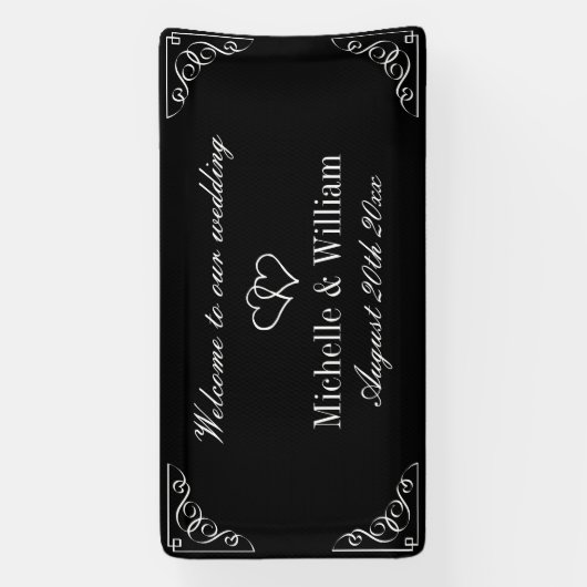 Welkom op onze bruiloft elegante zwart-wit spandoek (Verticaal)