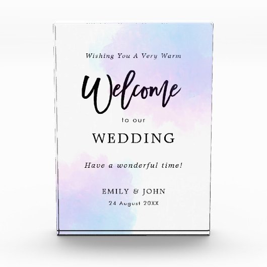 Welkom op onze bruiloft pastel Lila Waterverf Fotoblokken (Voorkant)