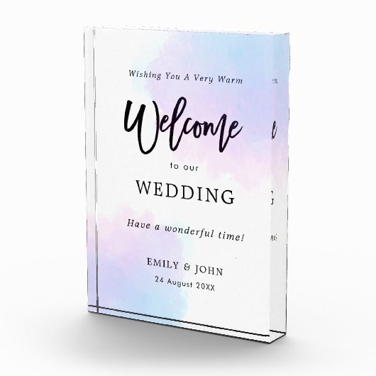 Welkom op onze bruiloft pastel Lila Waterverf Fotoblokken (Rechts)