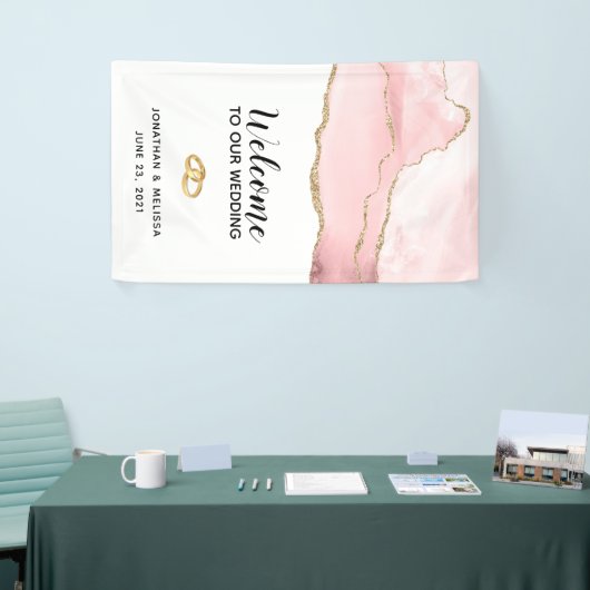 Welkom op onze bruiloft roze blush agaat met goud spandoek (Beurs)