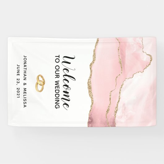 Welkom op onze bruiloft roze blush agaat met goud spandoek (Horizontaal)