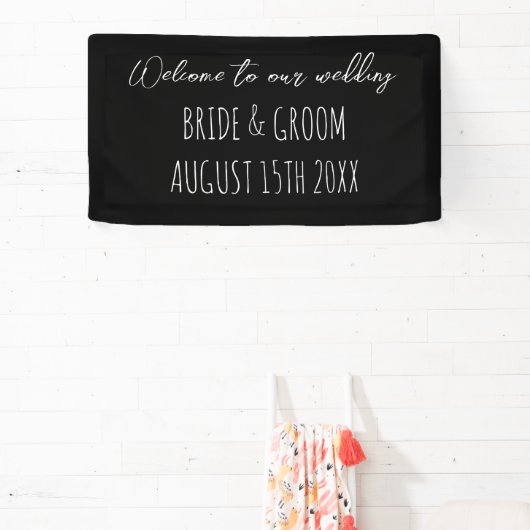 Welkom op onze bruiloft zwart-wit handschrift spandoek (Insitu)