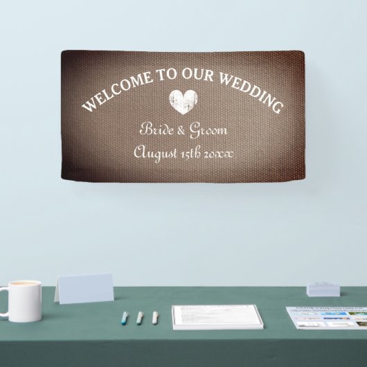 Welkom op onze burlap thema bruiloft banner teken (Beurs)