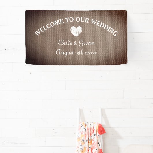Welkom op onze burlap thema bruiloft banner teken (Insitu)
