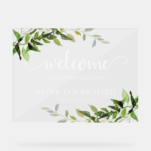 Welkom op onze eerste groene bruiloft acryl bord (Voorkant)