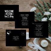 Welkom op onze liefdesverhaal zwart-wit bruiloft all in one uitnodiging