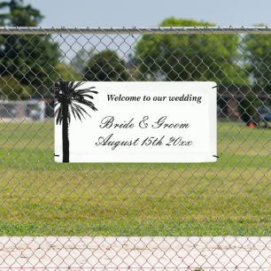 Welkom op onze palmbomen strand bruiloft aangepast spandoek