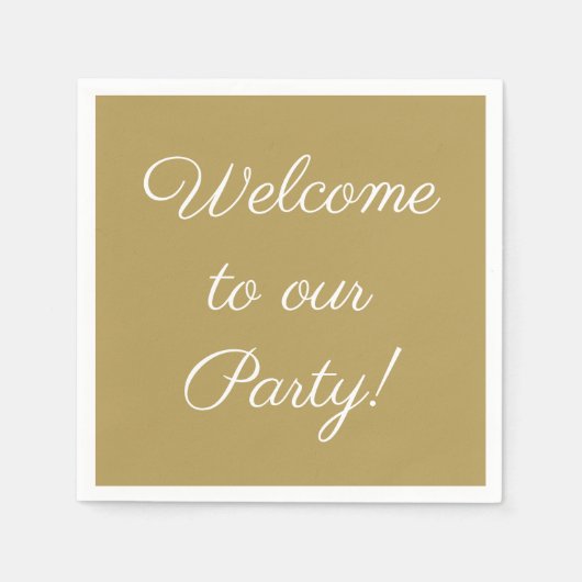 'Welkom op onze partij' Elegant Script Text Gold Servet (Voorkant)