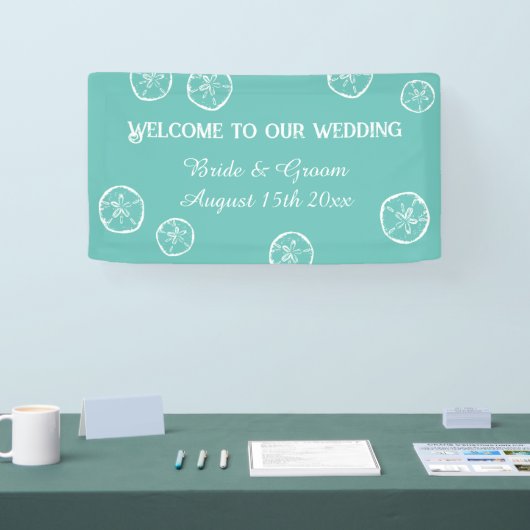 Welkom op onze zanddollar strand bruiloft banner (Beurs)