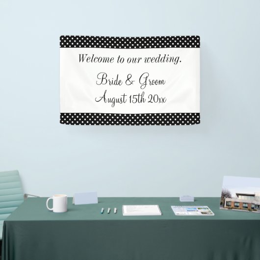 Welkom op onze zwart-witte polka dot bruiloft spandoek (Beurs)