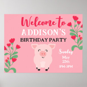 Welkom Op Verjaardagsfeestje Meisjes Varken Bloem Poster