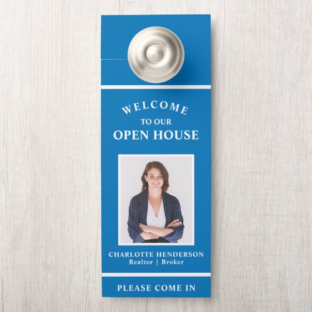 Welkom Open House Real Estate Agent Photo Blue Deurhanger (Op knop)