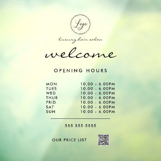 Welkom Openingstijden Logo QR Code Transparant Raamsticker (Vel 3)