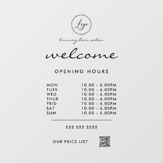 Welkom Openingstijden Logo QR Code Transparant Raamsticker (Vel)