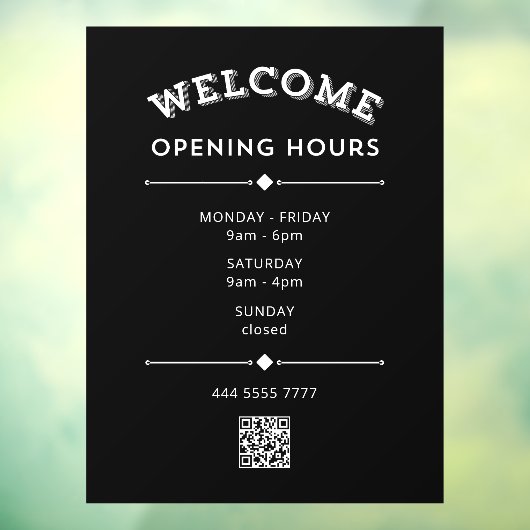 Welkom Openingstijden met QR Code Wit op Zwart Raamsticker (Vel 3)